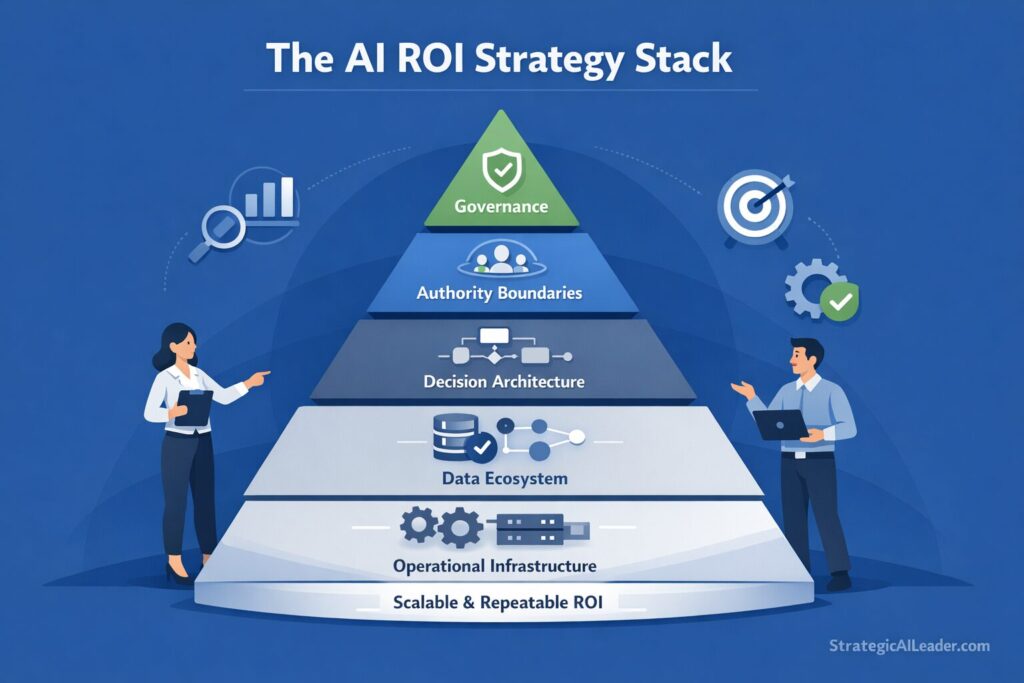 enterprise AI governance diagram showing authority boundaries override thresholds and binding data sources stabilizing AI investment returns