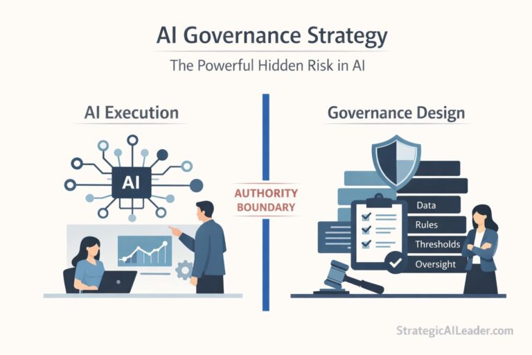 Flat-style modern B2B illustration showing AI execution on one side and governance design layers on the other separated by a labeled authority boundary