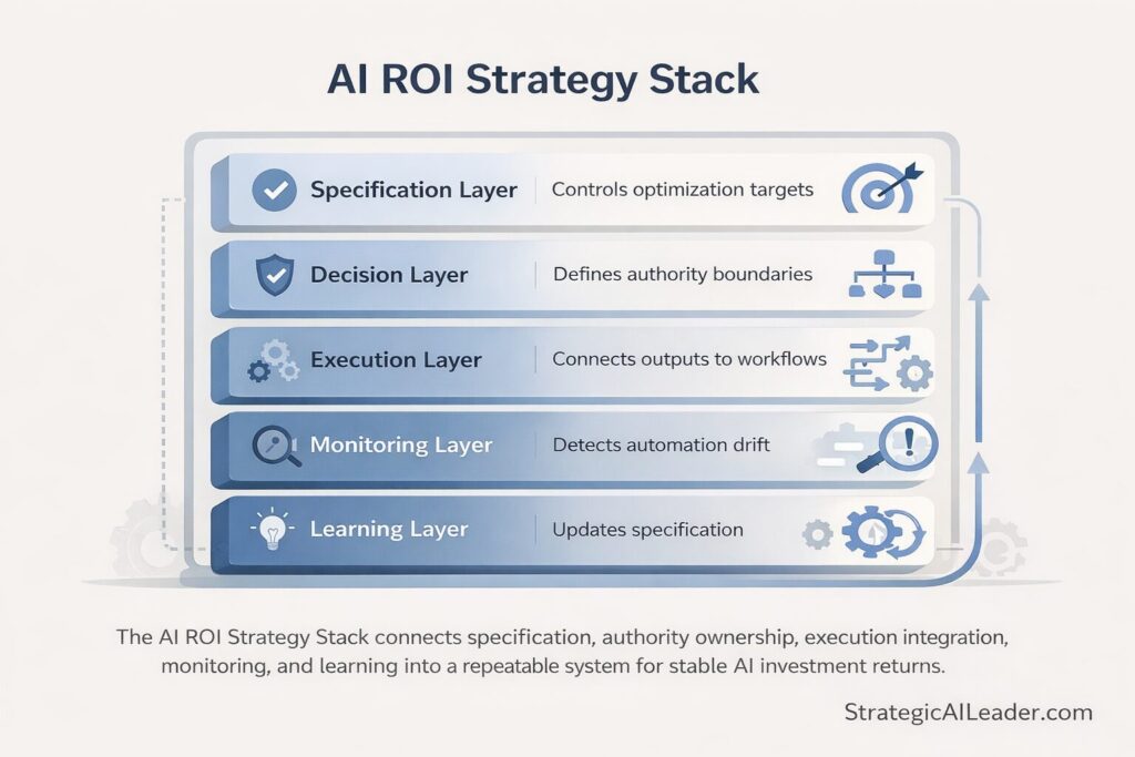 AI ROI strategy stack diagram showing specification decision execution monitoring and learning layers for stable AI investment returns