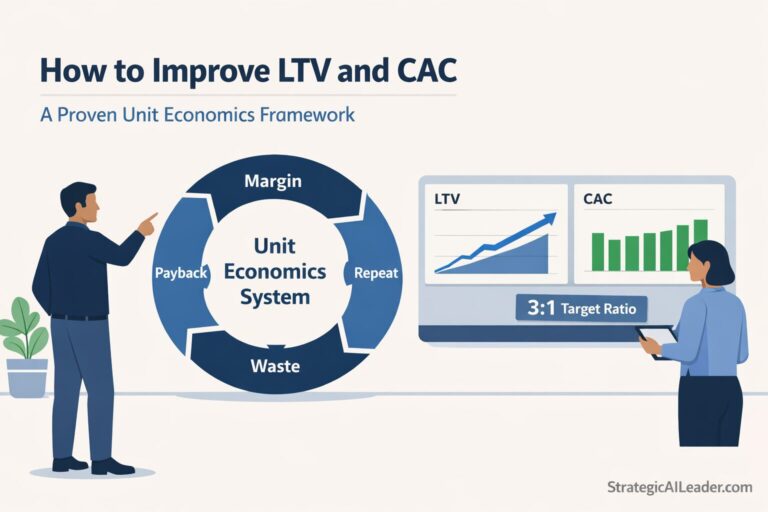 Flat-style B2B illustration showing a Unit Economics System loop with Margin, Repeat, Waste, and Payback connected to an LTV rising trend, CAC stable bars, and a 3:1 target ratio dashboard for improving LTV and CAC.