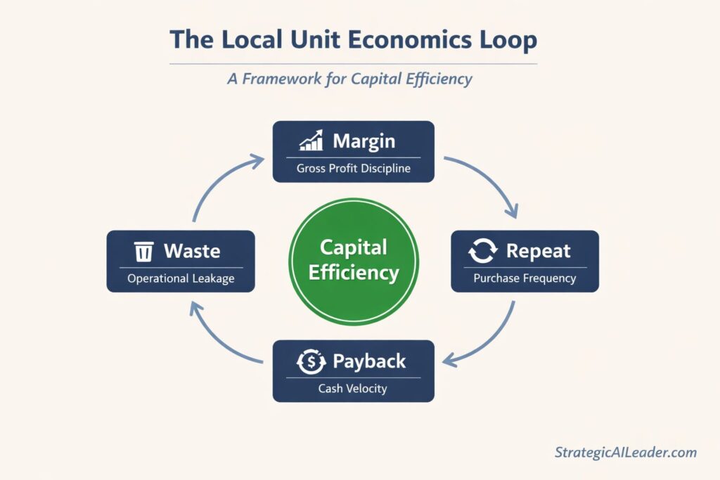 The Local Unit Economics Loop framework diagram showing Margin, Repeat, Waste, and Payback connected in a circular system driving capital efficiency