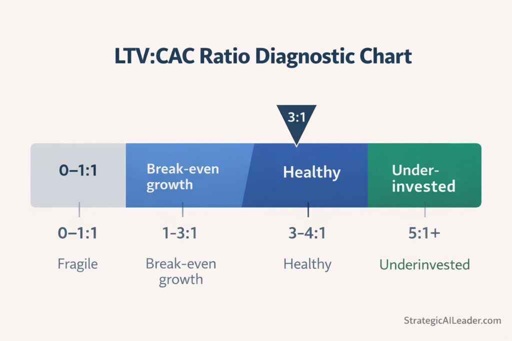 LTV to CAC ratio diagnostic chart showing 0 to 1 fragile, 1 to 3 break even growth, 3 to 4 healthy with 3 to 1 marker, and 5 to 1 underinvested benchmark for capital efficiency