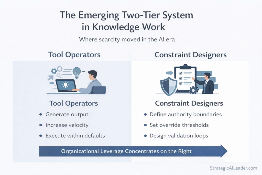 Flat-style executive infographic showing split between tool operators and constraint designers with organizational leverage concentrating on constraint designers