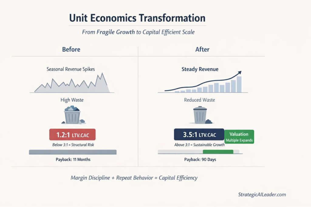Before vs After unit economics transformation comparing 1.2:1 LTV to CAC ratio with long payback versus 3.5:1 ratio with shorter payback and reduced waste