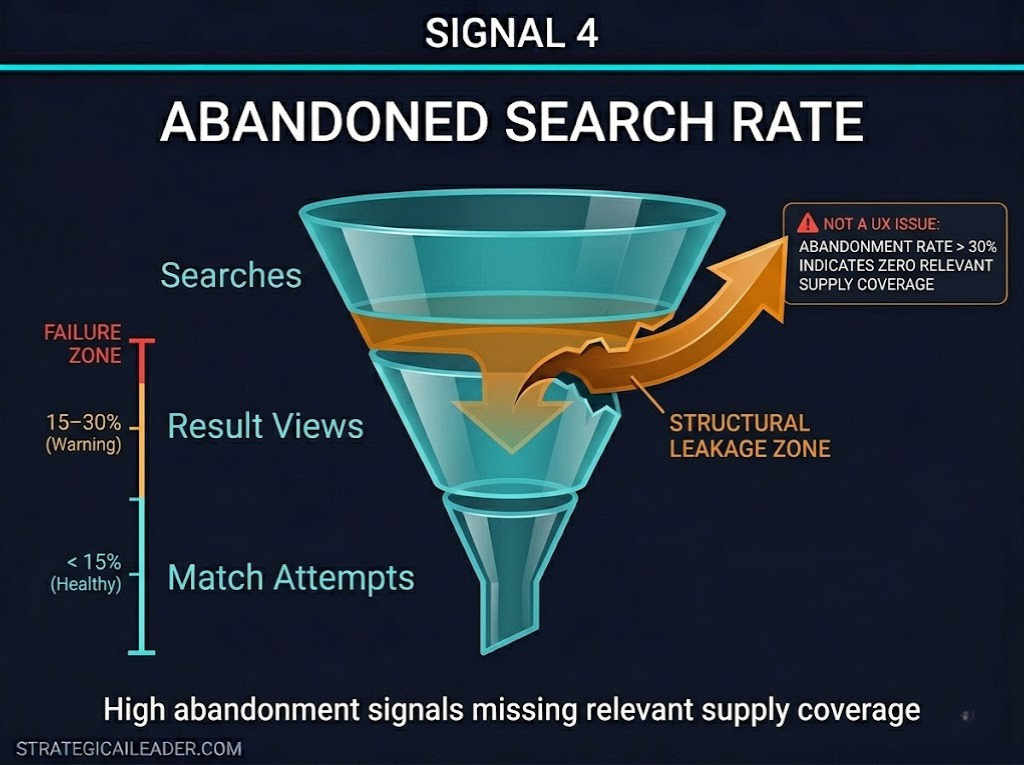 Signal 4: Abandoned Search Rate and Structural Supply Gaps | Strategic AI Leader Richard Naimy Insights A funnel diagram for Signal 4 showing drop-off from Searches to Result Views and Match Attempts. A jagged orange "Structural Leakage Zone" arrow exits the funnel, with a benchmark scale identifying failure above 30 percent on a navy background.