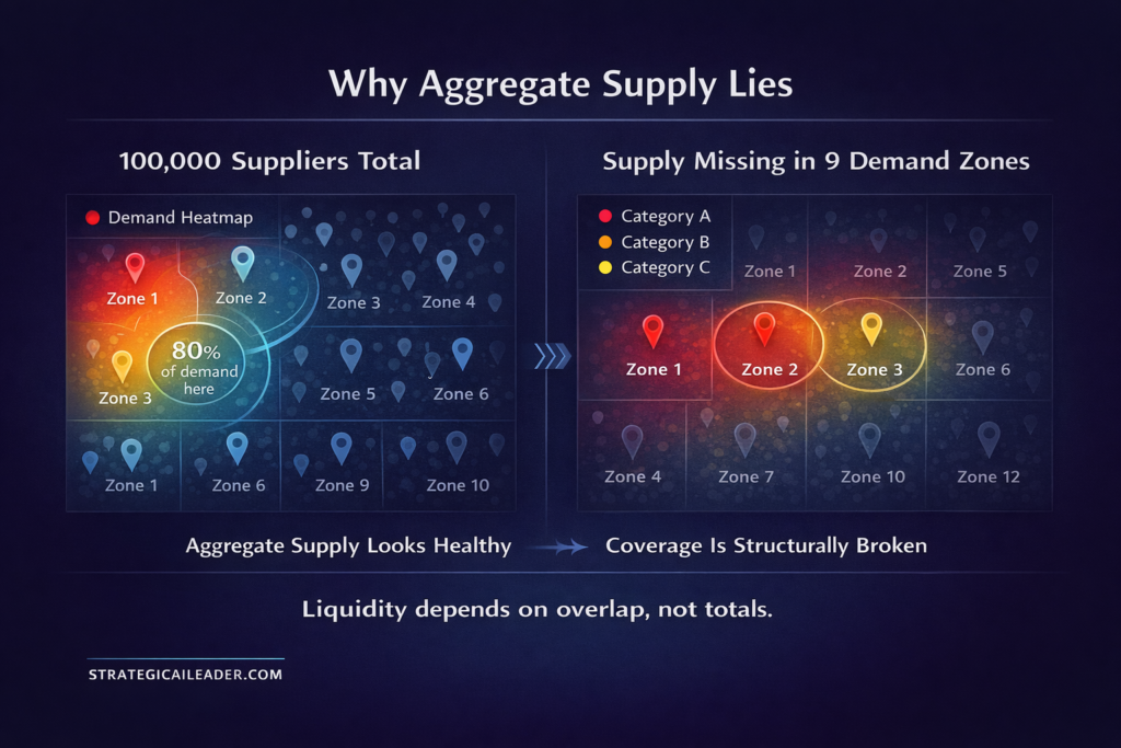 Aggregate Supply vs Supply Coverage in Marketplace Liquidity Diagnostics | Strategic AI Leader Richard Naimy Insights Diagram comparing aggregate supplier volume with supply coverage across demand zones showing why marketplace liquidity depends on overlap not totals