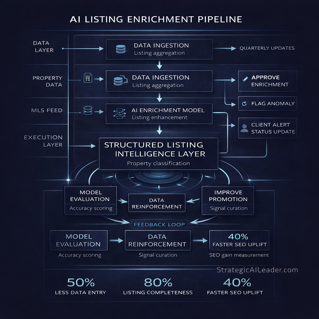 Flowchart showing AI pipeline that enriches commercial real estate listings with structured property data, attributes, and automation stages
