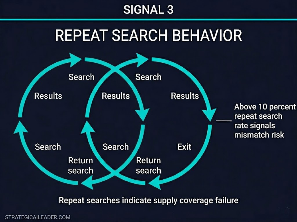 Repeat Search Behavior Signal in the Liquidity Threshold Framework | Strategic AI Leader Richard Naimy Insights Diagram showing repeat search behavior loops where users search multiple times without converting, indicating a supply coverage gap in a marketplace category