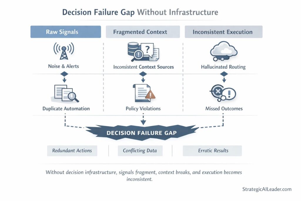 Decision Failure Gap diagram showing raw signals fragmented context and inconsistent execution leading to duplicate automation policy violations hallucinated routing missed outcomes and erratic results