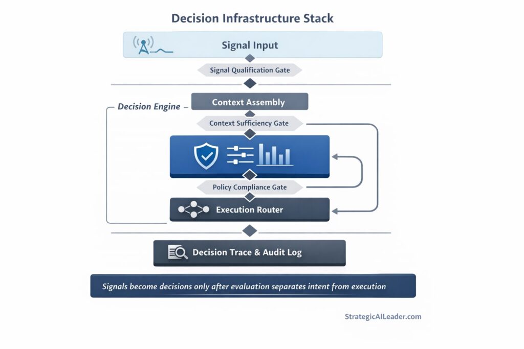 Decision Infrastructure Stack diagram showing signal input passing through qualification gates context assembly evaluation layer execution router and decision trace audit log with governance checkpoints