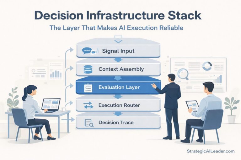 Decision Infrastructure Stack showing five layers from signal input through decision trace for reliable AI execution decisions