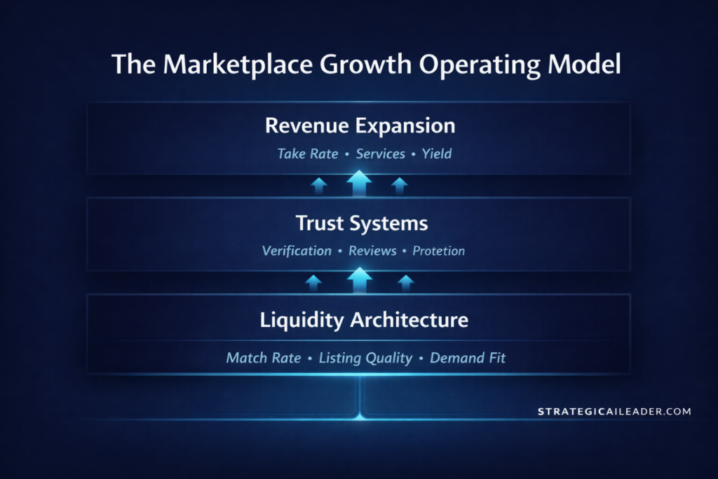Diagram showing the Marketplace Growth Operating Model with three layers: liquidity architecture, trust systems, and revenue expansion