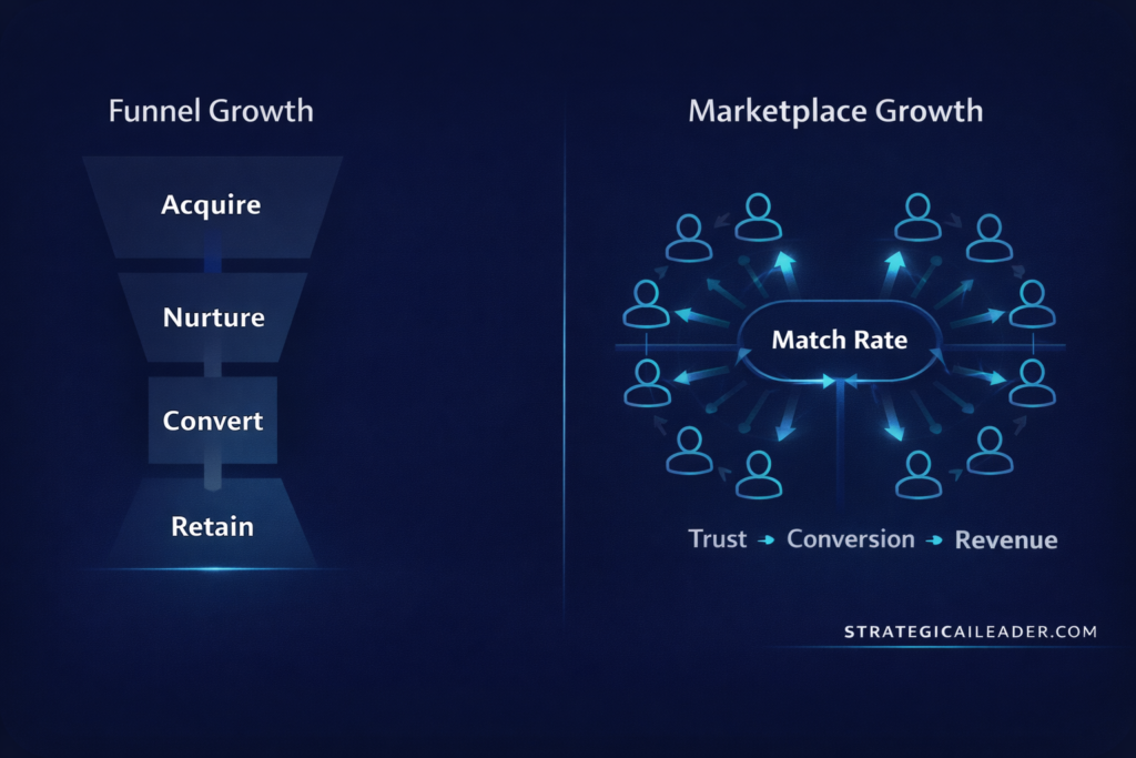 Comparison diagram showing funnel growth stages versus marketplace growth driven by match rate, trust, conversion, and revenue sequencing