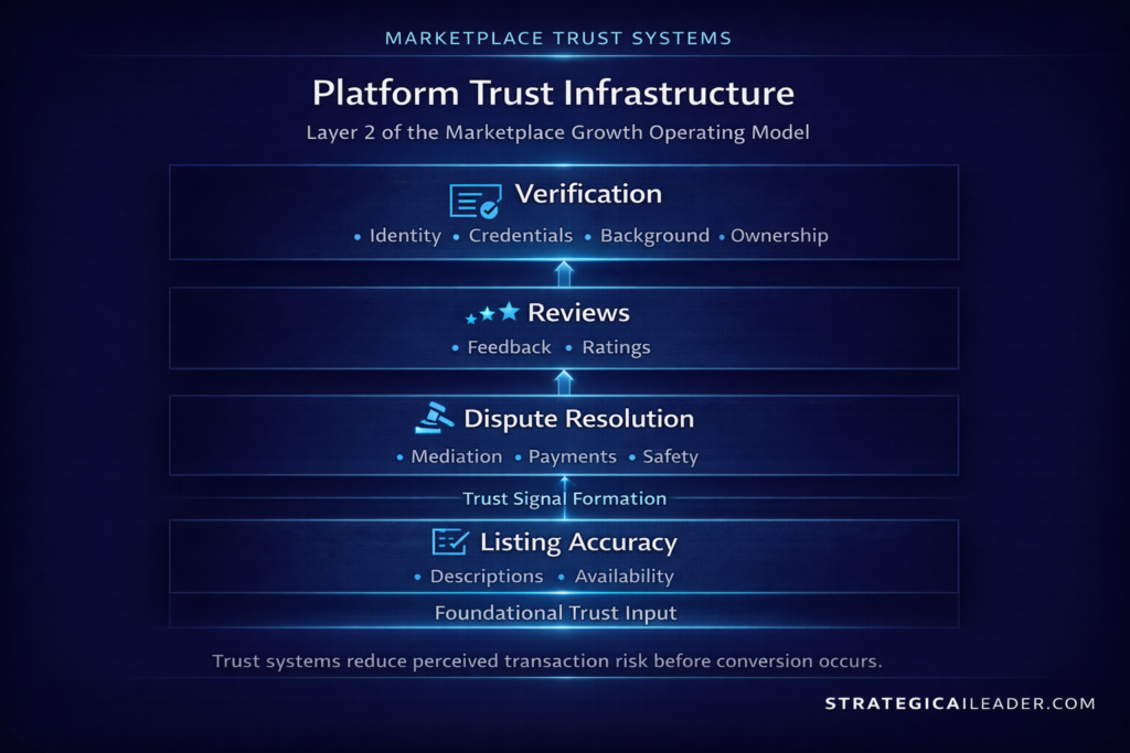 Diagram showing platform trust infrastructure with verification, reviews, dispute resolution, and listing accuracy as layered trust signal components in a marketplace growth model