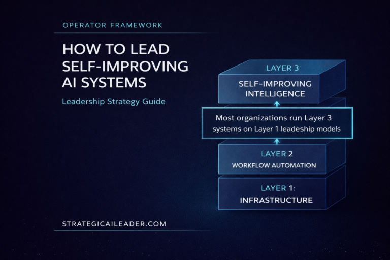 Three-layer leadership architecture diagram for self-improving AI systems showing infrastructure, workflow automation, and intelligence stack