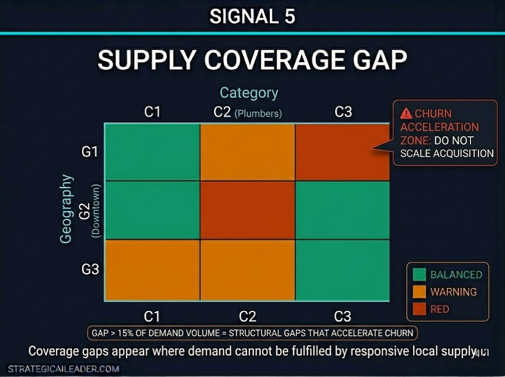 Signal 5: Mapping Supply Coverage Gaps and Churn Risk | Strategic AI Leader Richard Naimy Insights A heatmap grid for Signal 5 showing category versus geography. Cells are color-coded green for balanced, amber for warning, and red for structural gaps. A callout box on a red cell warns: Churn Acceleration Zone: Do not scale acquisition.