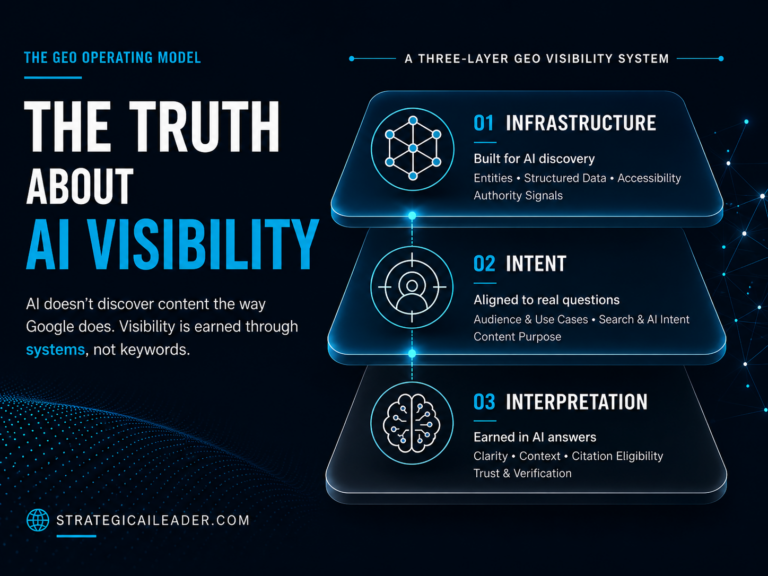 GEO Operating Model infographic explaining the three-layer AI visibility system including infrastructure, intent, and interpretation