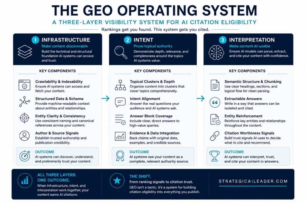 GEO Operating System Three-Layer Framework | Strategic AI Leader Richard Naimy Insights Three-layer GEO operating system diagram showing infrastructure, intent, and interpretation for AI citation visibility