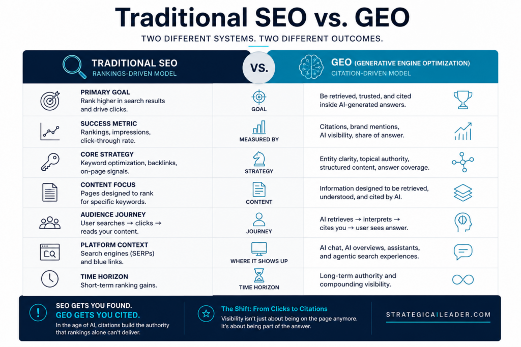 Traditional SEO vs GEO Comparison Framework | Strategic AI Leader Richard Naimy Insights Comparison chart showing the differences between traditional SEO rankings and GEO citation-based AI visibility systems