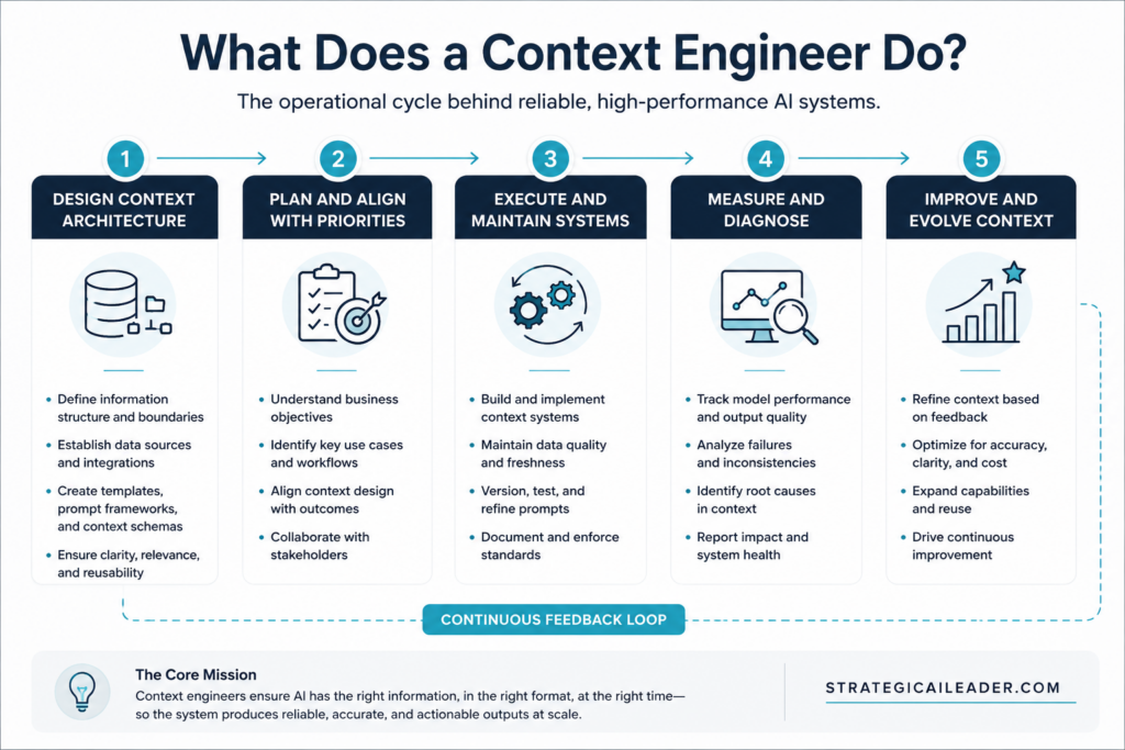Five-stage context engineering operating cycle showing context architecture, planning, execution, measurement, and continuous improvement for AI systems