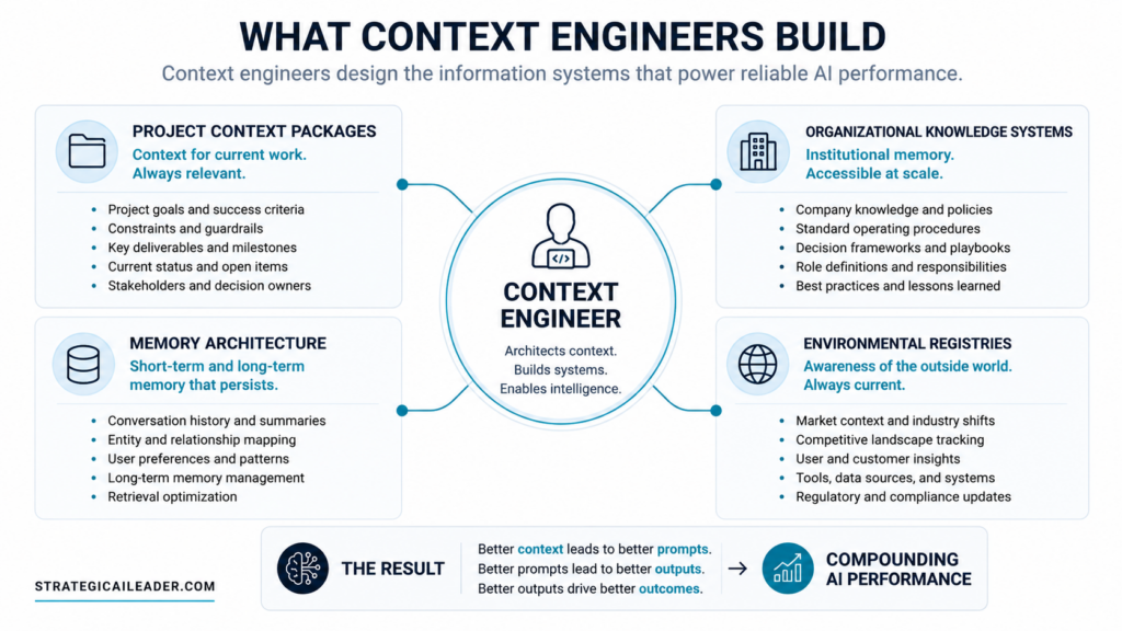 Framework diagram showing a context engineer connected to project context packages, organizational knowledge systems, memory architecture, and environmental registries that improve AI performance