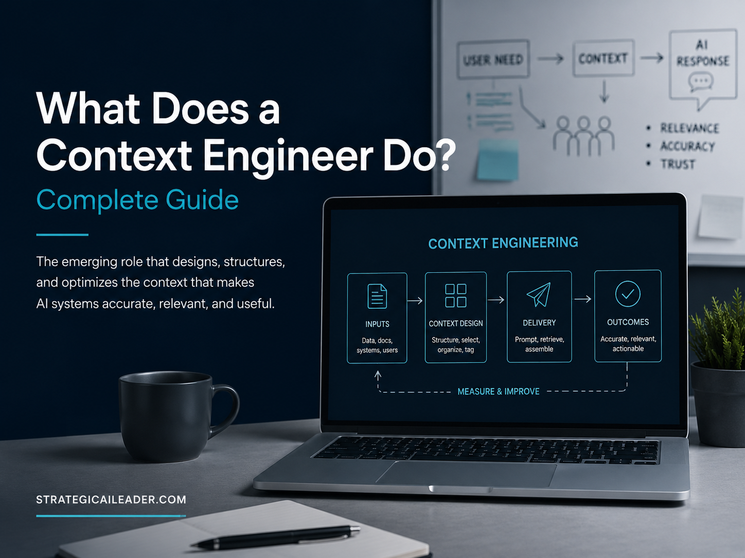 What Does a Context Engineer Do? Complete Guide Hero Image | Strategic AI Leader Richard Naimy Insights Hero image showing a context engineer workflow with context architecture, information systems, AI response generation, and context engineering process flow from inputs to outcomes.