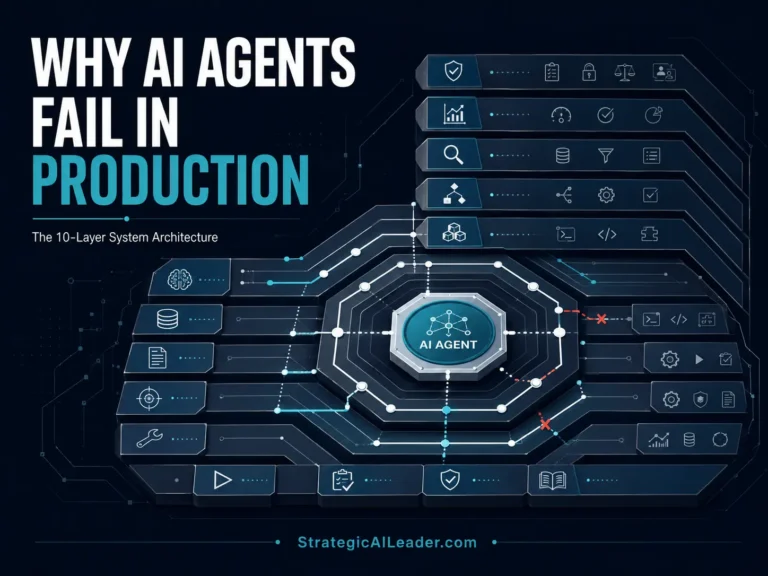 Infographic titled 'Why AI Agents Fail in Production' with a central AI agent hub and a 10-layer architecture diagram.
