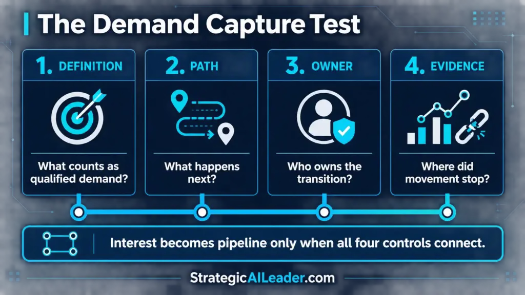 The Demand Capture Test Framework | Strategic AI Leader Richard Naimy Insights Four-part Demand Capture Test covering qualified-demand definition, buyer path, transition ownership, and evidence of where movement stopped.