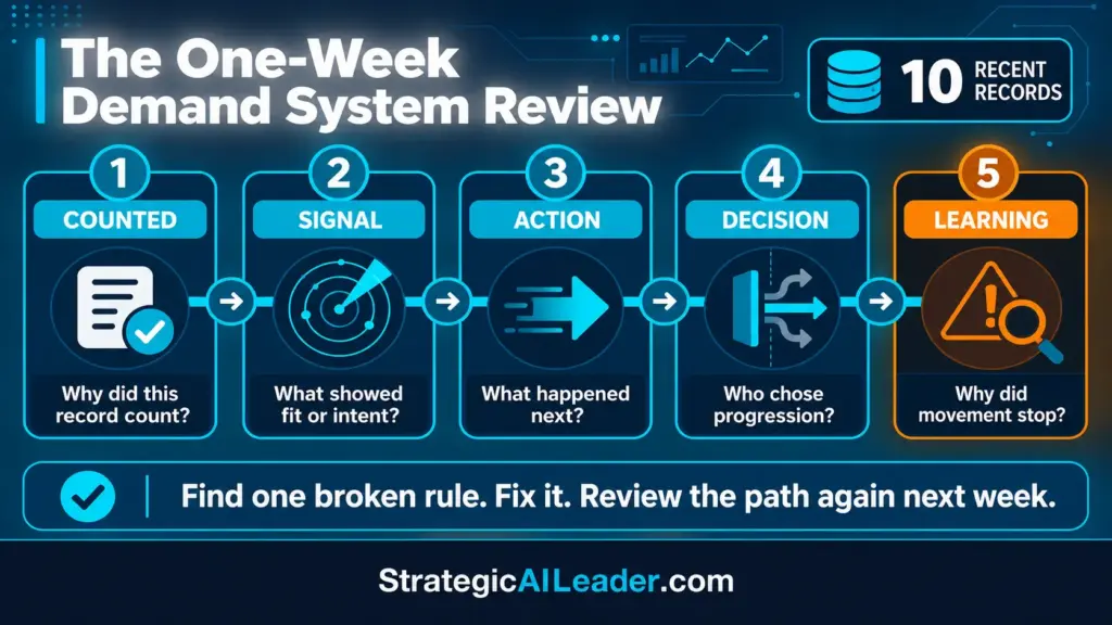 The One-Week Demand System Review | Strategic AI Leader Richard Naimy Insights Five-step demand system review covering why a record counted, buyer signals, next actions, progression decisions, and where movement stopped.