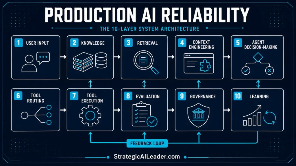 Production AI Reliability: The 10-Layer System Architecture | Strategic AI Leader Richard Naimy Insights Production AI reliability framework showing the 10-layer system architecture and learning feedback loop