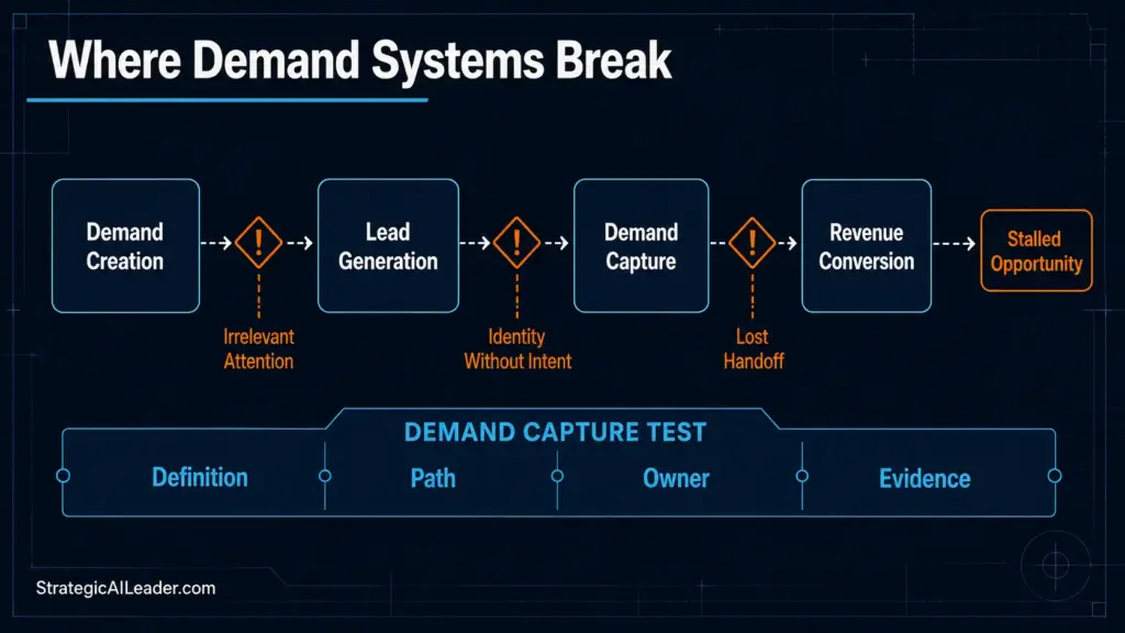 Where Demand Generation Systems Break | Strategic AI Leader Richard Naimy Insights Demand generation system showing demand creation, lead generation, demand capture, revenue conversion, and the failure points between each stage.