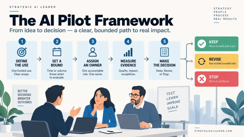 The AI Pilot Framework: Five Steps to a Funding Decision | Strategic AI Leader Richard Naimy Insights AI pilot framework showing five steps from defining one funded use through a Keep, Revise, or Stop decision