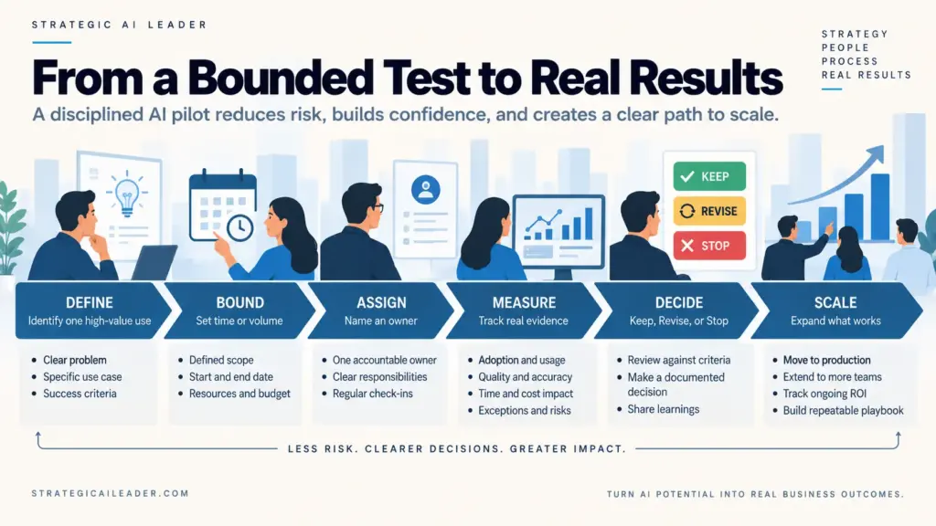 From a Bounded AI Pilot to Real Business Results | Strategic AI Leader Richard Naimy Insights AI pilot process showing Define, Bound, Assign, Measure, Decide, and Scale from a bounded test to business results