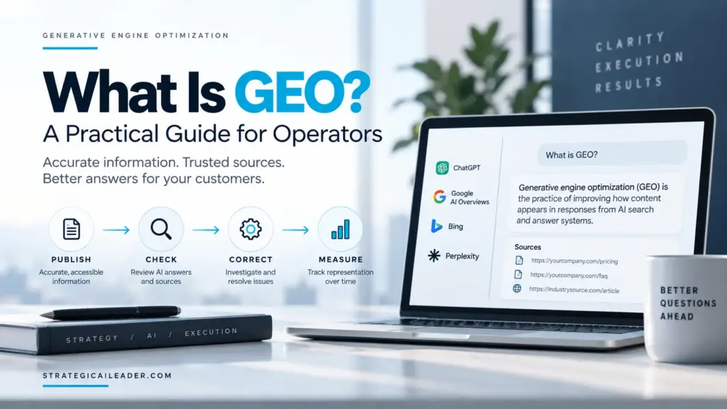 GEO Operator Workflow for AI Answers | Strategic AI Leader Richard Naimy Insights Diagram showing a GEO workflow for publishing, checking, correcting, and measuring business information across AI answer systems.