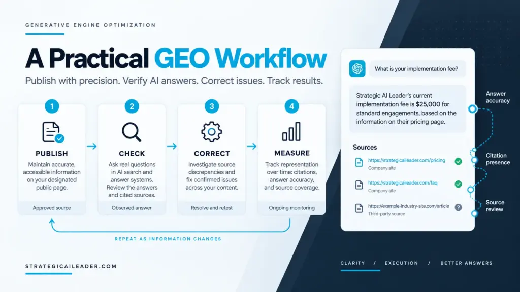 A Practical GEO Workflow for Operators | Strategic AI Leader Richard Naimy Insights GEO workflow showing how operators publish verified information, check AI answers and citations, correct source discrepancies, and measure results over time.