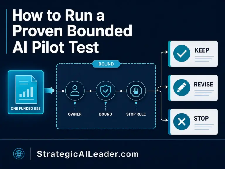 Infographic of a bounded AI pilot flow: owner, bound, stop rule leading to Keep, Revise, or Stop decisions.