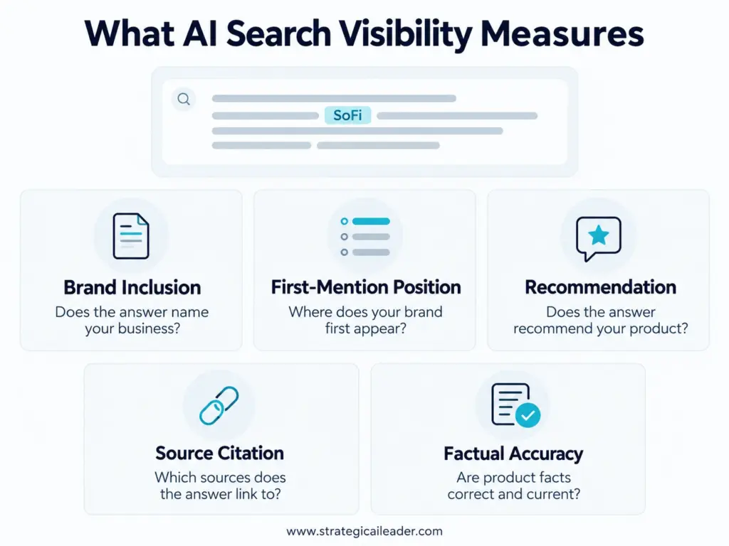What AI Search Visibility Measures | Strategic AI Leader Richard Naimy Insights Five AI search visibility measures: brand inclusion, first-mention position, recommendation, source citation, and factual accuracy.