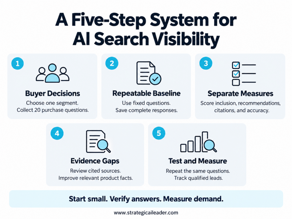 A Five-Step System for AI Search Visibility | Strategic AI Leader Richard Naimy Insights Infographic titled 'A Five-Step System for AI Search Visibility' showing five numbered steps: Buyer Decisions, Repeatable Baseline, Separate Measures, Evidence Gaps, and Test and Measure, each with an icon and short descriptions.