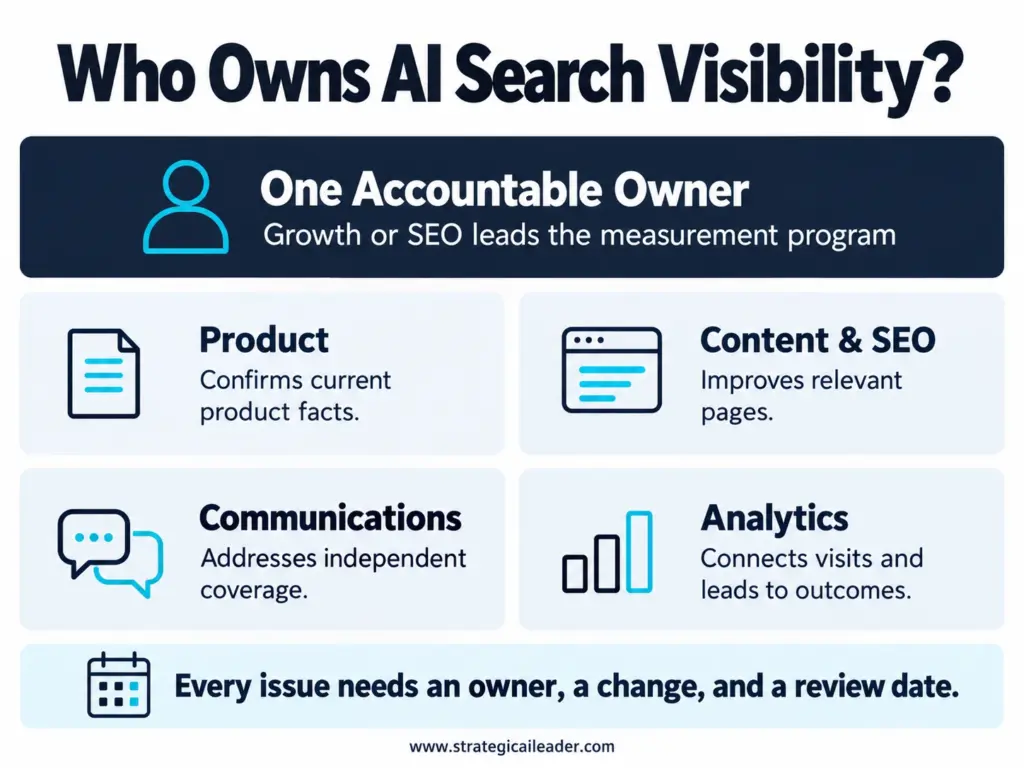 Who Owns AI Search Visibility? | Strategic AI Leader Richard Naimy Insights AI search visibility responsibilities across one accountable owner, product, content and SEO, communications, and analytics.
