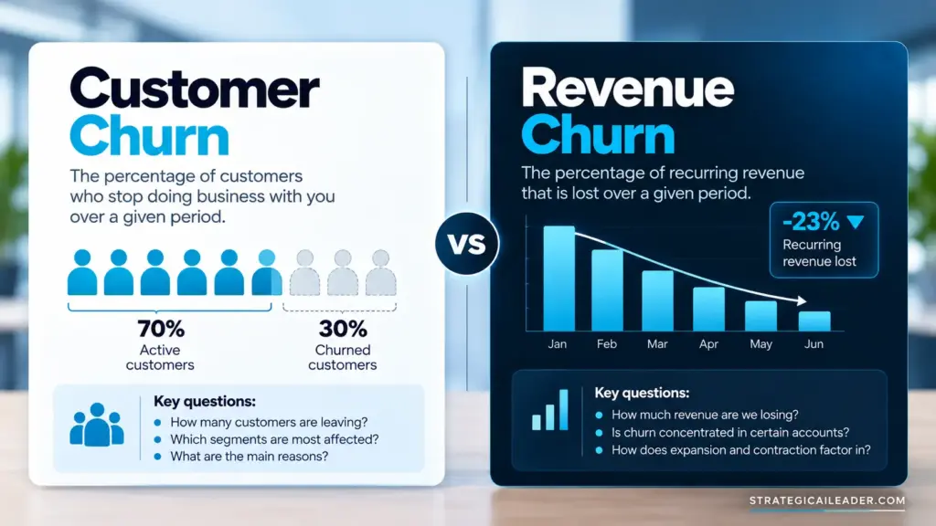 Customer Churn vs. Revenue Churn | Strategic AI Leader Richard Naimy Insights Customer churn versus revenue churn comparison showing customer loss, recurring revenue loss, and key diagnostic questions