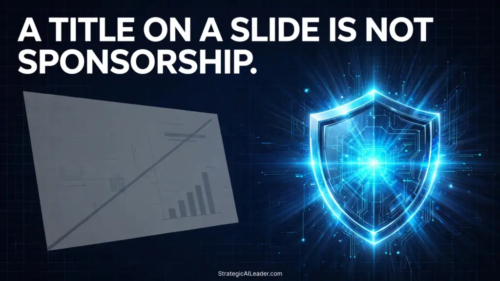 A faded slide contrasted with a glowing shield: a title on a slide is not executive sponsorship