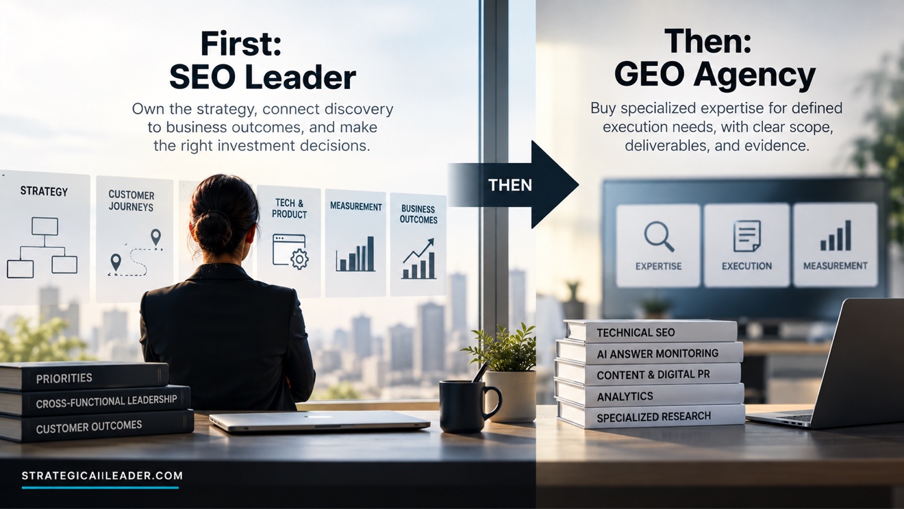 SEO Leader vs. GEO Agency: Who Should You Hire First? | Strategic AI Leader Richard Naimy Insights Side-by-side comparison of an SEO leader responsible for search strategy, customer journeys, and business outcomes versus a GEO agency providing specialized expertise and execution.