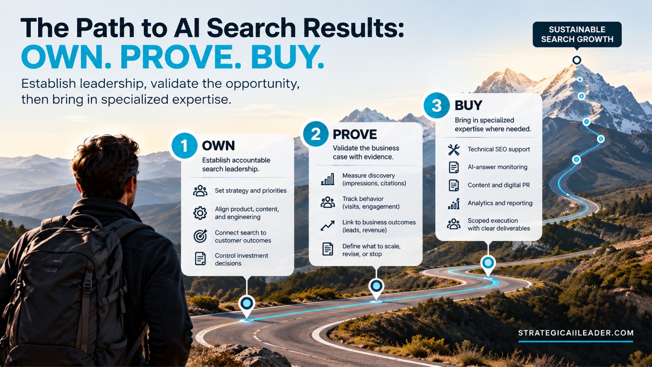 The Path to AI Search Results: OWN, PROVE, BUY | Strategic AI Leader Richard Naimy Insights AI search leadership roadmap showing three stages: OWN search strategy and accountability, PROVE business value through performance evidence, and BUY specialized SEO and GEO expertise.